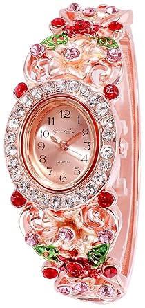 French Loops Princess Charming Red Floral Jewel Studded Rose Gold Ethnic Oval Party Wear Bracelet Watch