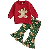 Amuver Toddler Baby Girl Christmas Outfit Gingerbread Sweatshirt Candy Cane Flare Bell Bottom Pants Clothes Set