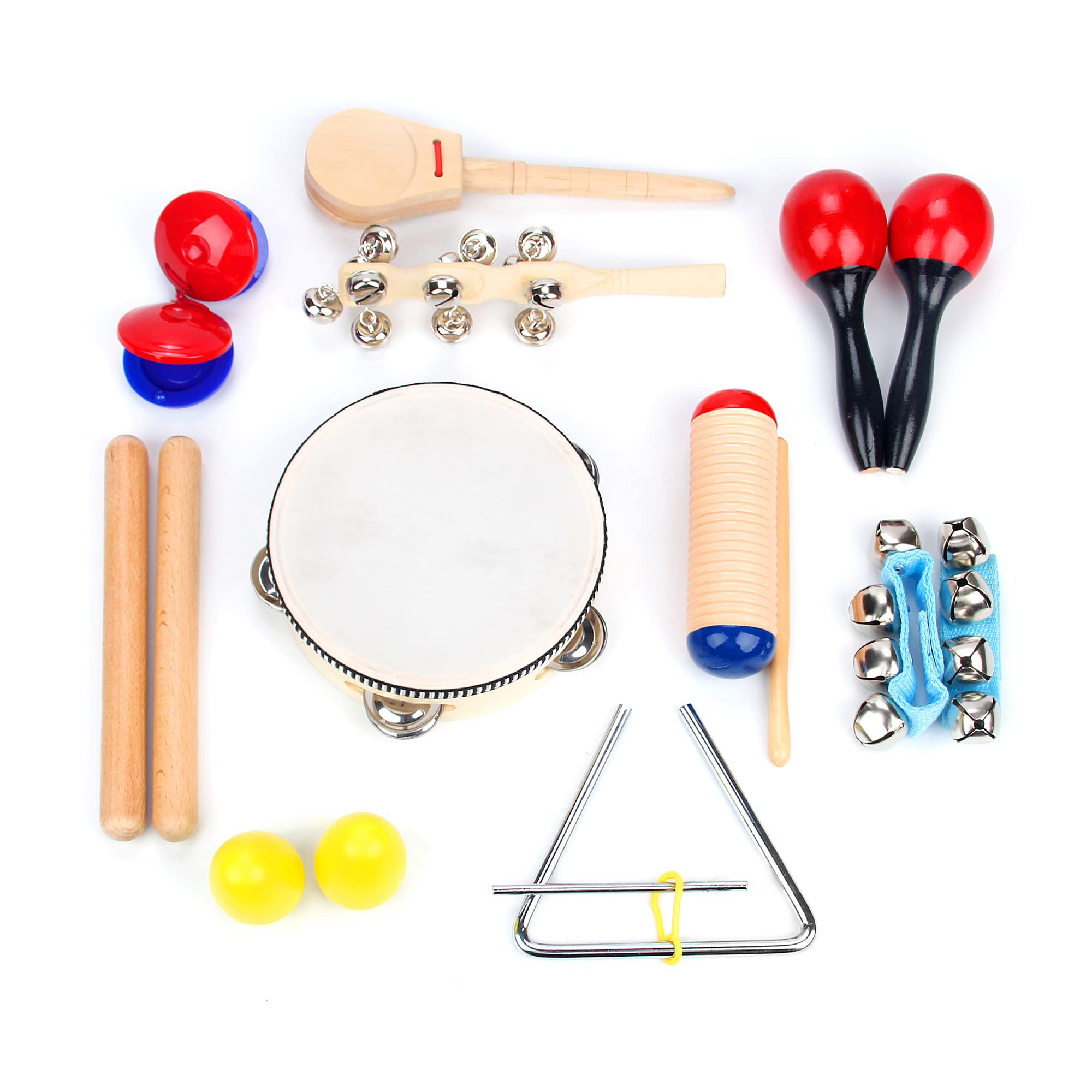 Boxiki kids Wooden Musical Instrument Set (16 PCS) for 3+ Years Toddlers - Includes Clave Sticks, Shakers, Tambourine, Wrist Bells , Maracas & Storage Bag