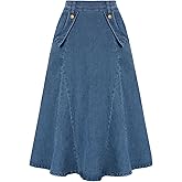 Belle Poque Women's Denim Skirts Vintage Elastic High Waist A-Line Long Maxi Jean Skirts with Pockets