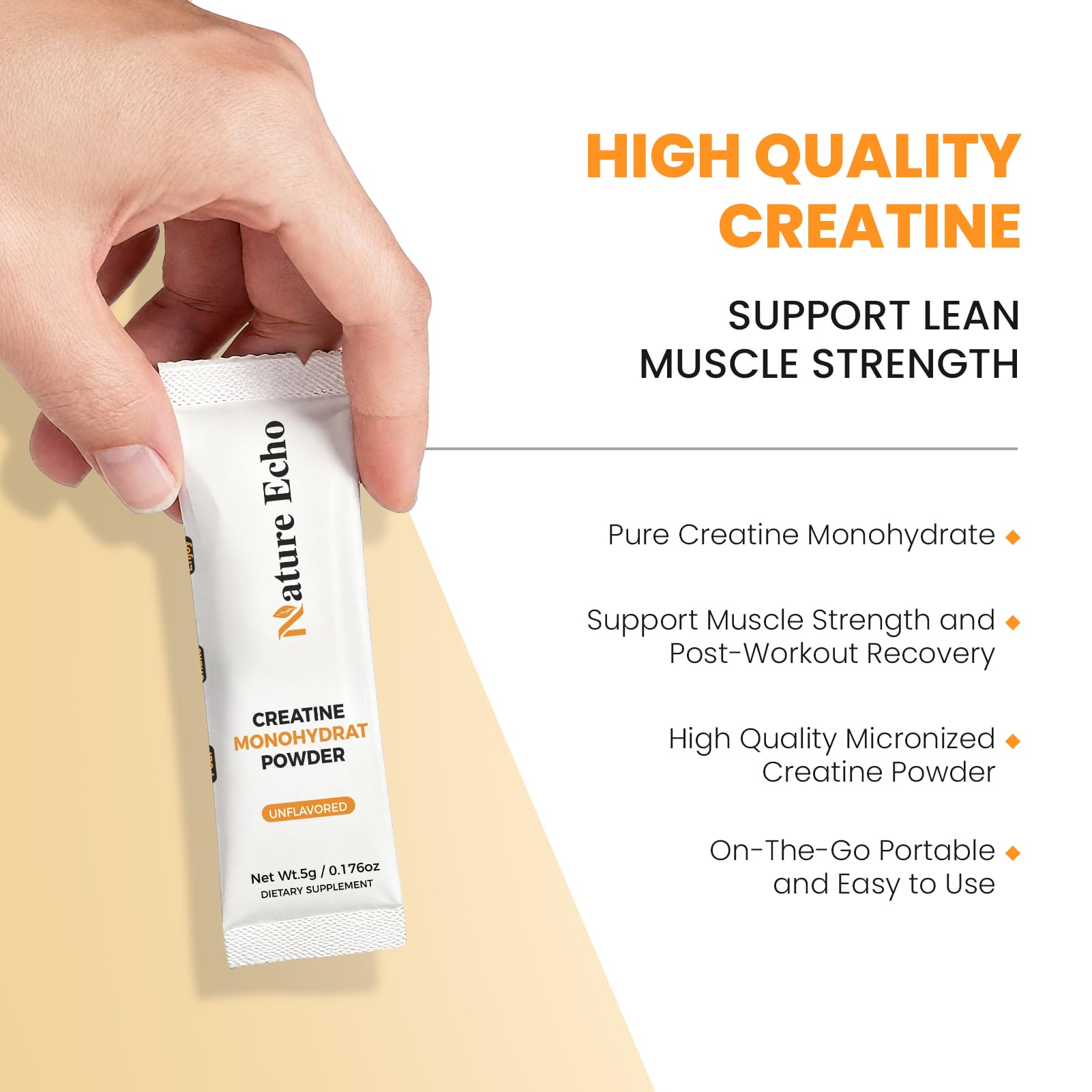 Nature Echo Creatine Monohydrate Micronized Powder - 15 Single-Serve Travel Packs 5g - Clean, Unflavored Creatine for Men & Women to Muscle Growth, Vegan, Gluten-Free, no Sugar