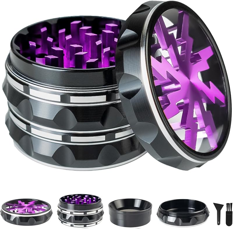 ERZONY Clear Top Metal Herb Grinder Large 2.5 inch 4-Part Aluminum Pollen