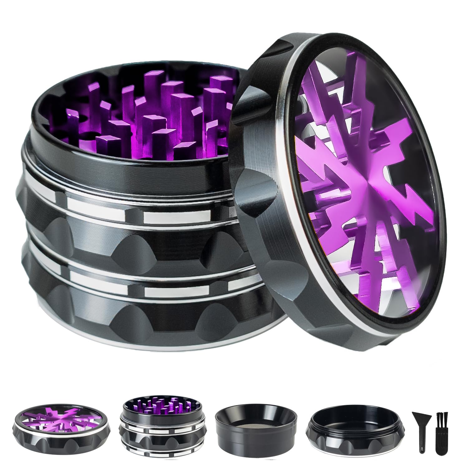 Clear Top Herb Grinder Metal Large 2.5'' Large 4-Part, Aluminum Alloy Spice Grinder with Pollen Catcher (Black Purple)