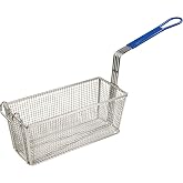 Winco FB-20 Fry Basket with Blue Handle Medium , 13 1/4" x 5 5/8" x 5 5/8" | Heavy-duty basket, Front or support hook, For deep-frying, lifting and draining fries, seafood and appetizers