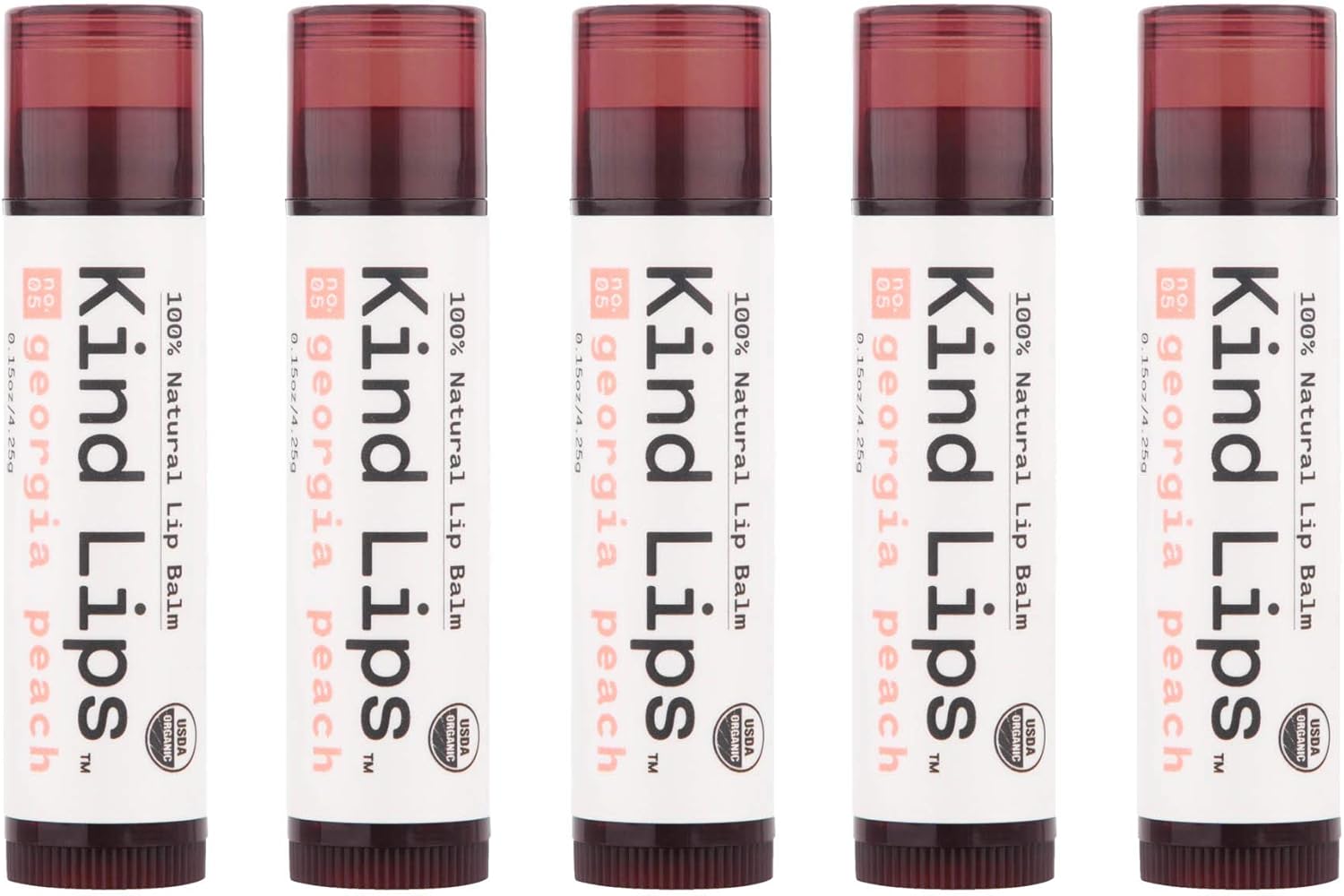 Kind Lips Organic Lip Balm Set | Georgia Peach 5-Pack | Certified Organic Coconut Oil, Jojoba, Beeswax | Gluten Free, Cruelty Free | 100% Soothing Natural Ingredients