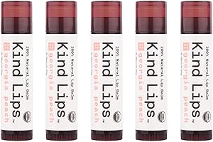 Kind Lips Organic Lip Balm Set | Georgia Peach 5-Pack | Certified Organic Coconut Oil, Jojoba, Beeswax | Gluten Free, Cruelty Free | 100% Soothing Natural Ingredients