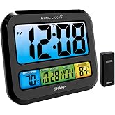 Sharp Atomic Digital Clock, 3" Color Display, Indoor/Outdoor Temp Sensor | Automatic DST, calendar, weekday, 3-step dimmer, wall mount, tabletop stand, AC or battery power, 5-sec backlight