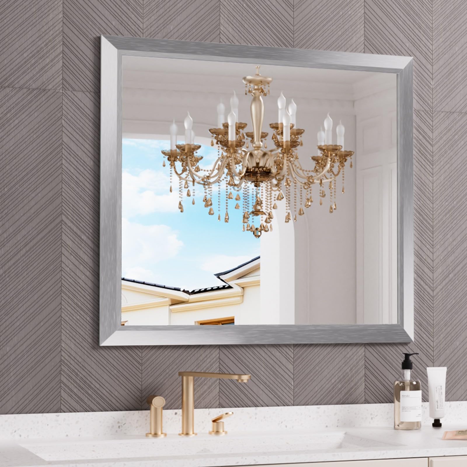 Photo 1 of Amorho 40x36 Inch Bathroom Mirror Silver, Thick Metal Framed Wall Mirrors for Over Sink, Brushed Nickel Mirror Perfect for Bedroom, Living Room, Entryway, Rectangle (Horizontal/Vertical).