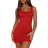 Valiamcep Women's Summer Tank Dress Square Neck Ribbed Knit Slim Fitted Basic Bodycon Mini Pencil Dresses