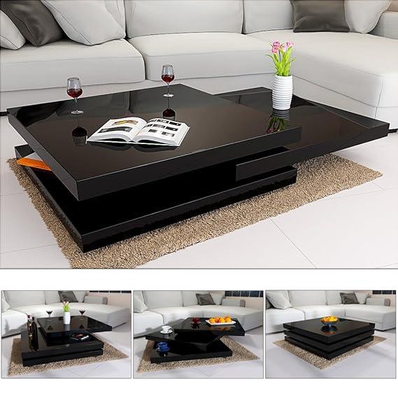 Deuba Couchtisch Wohnzimmertisch Hochglanz Beistelltisch Tisch Sofatisch Tischplatte 360° drehbar 60 x 60 cm - Schwarz