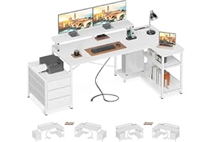 AODK L Shaped Computer Desk with Power Outlets & 3 Cloth Drawers, Reversible Office Desk with Shelves & Monitor Stand, Corner Desk with USB Ports, Study Desk Writing Table for Bedroom, White, 71 Inch