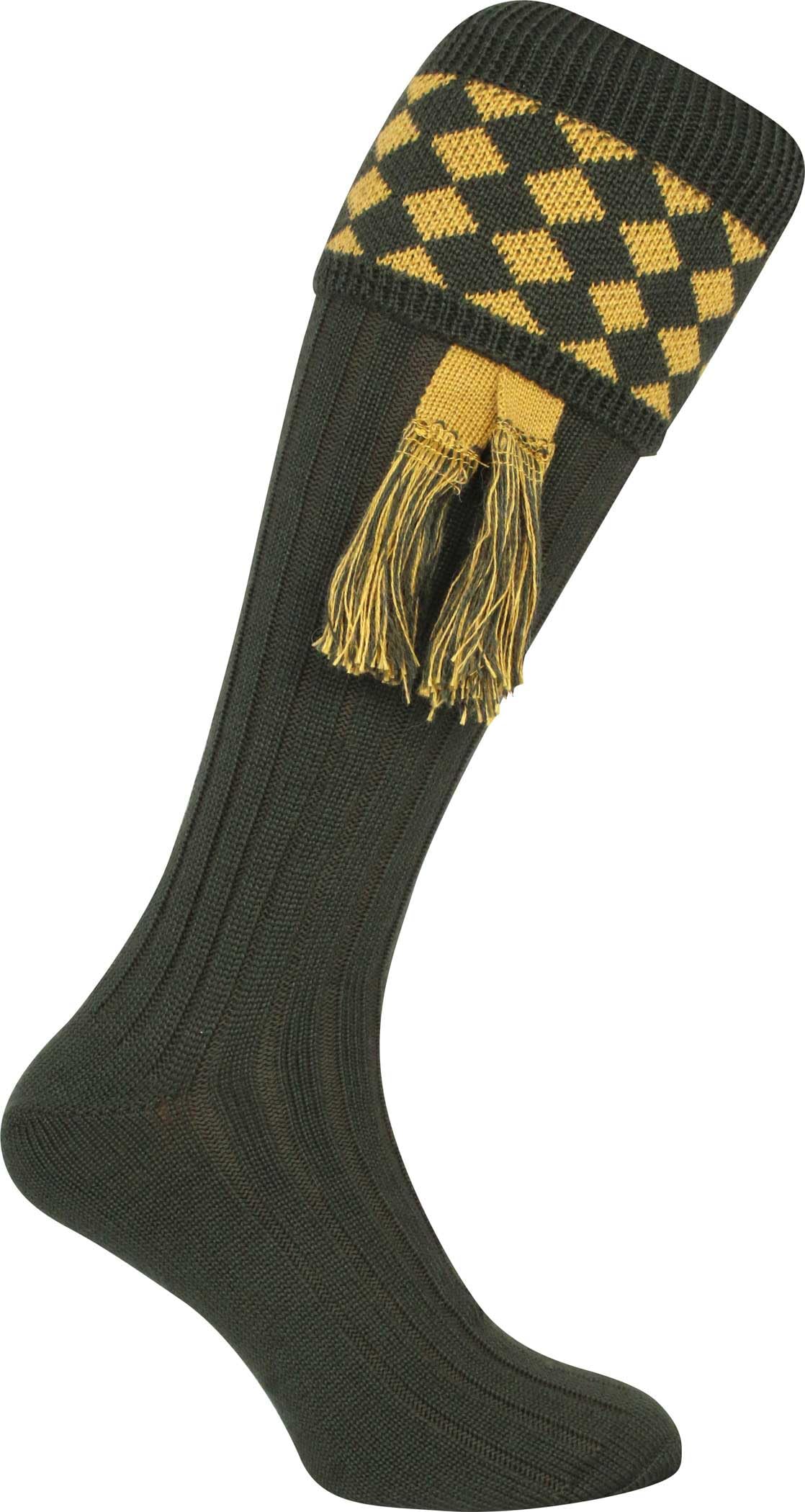 JACK PYKE Harlequin Shooting Socks with Garters, 8 to 11 UK, Green/Gold