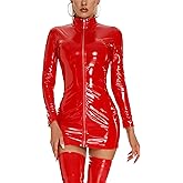 FEOYA Faux Leather Dress for Women Sexy PU Latex Tight Bodycon Dress Metallic Wet Look Clubwear for Club Night Out