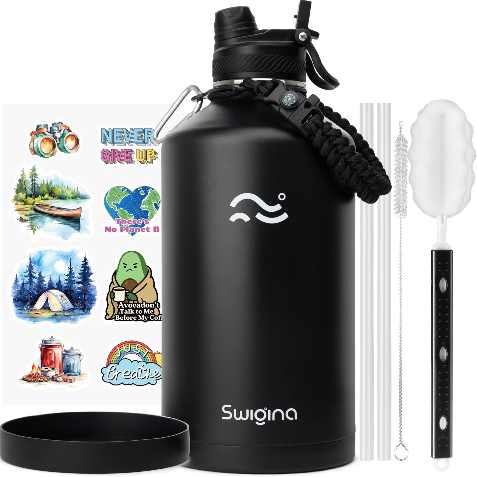 Photo 1 of Swigina [2-IN-1 LID] Gallon Insulated Water Bottle with Silicone Boot (48hrs Cold/24hrs Hot) - DIY Stickers, Leakproof, BPA Free, 128 oz