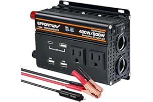 EFFORTWAY 400 watt Power Inverter for Vehicles 12V to 110V Converter 800 watt Peak with 2 AC Out, 3 USB, Type-C Charger, and Cigarette Lighter Ports for Smartphones Laptops Tablets