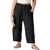 OLRIK Women's Plus Size Pants – Lightweight Cropped Wide Leg Boho Pants with Drawstring & Pockets for Casual Summer Beach