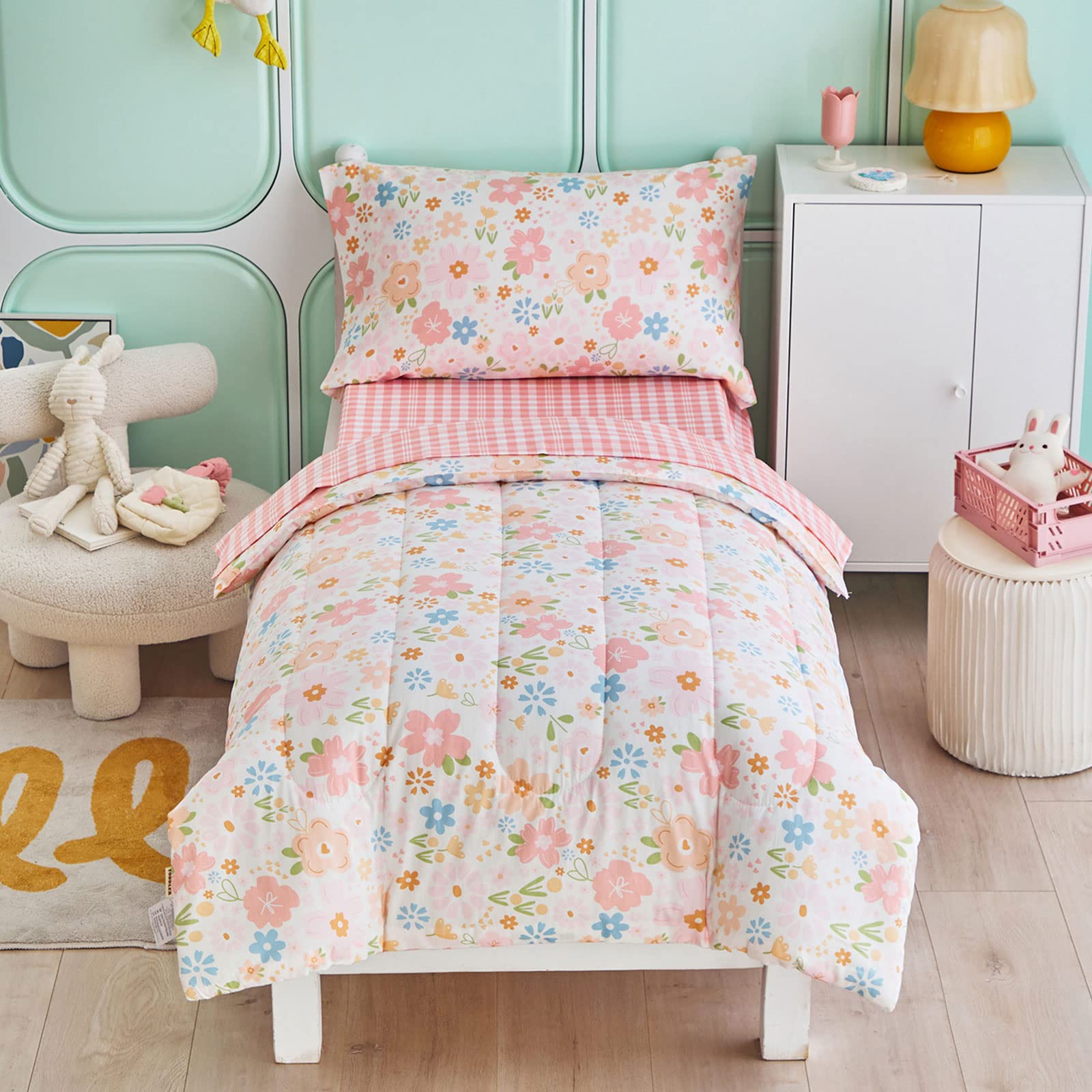Photo 1 of Joyreap 4 Piece Cotton Toddler Bedding Set for Girls, Pink Flowers Design, Soft n Breathable Cotton Toddler Comforter Set, Includes Quilted Comforter, Fitted Sheet, Top Sheet, and Pillow Case