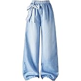 OYOANGLE Girl's Elastic Waist Baggy Pants Cute Bow Loose Wide Leg Palazzo Trousers