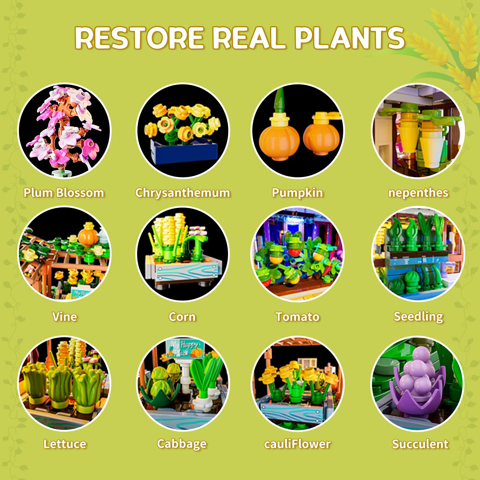 FUNWHOLE Botanisches Gewächshaus Beleuchtetes Baustein-Set – Farm Blumenhaus mit LED Licht, Modularer Modellbausatz, 1428 Teile für Erwachsene und Jugendliche, die Blumen und Pflanzen lieben 4