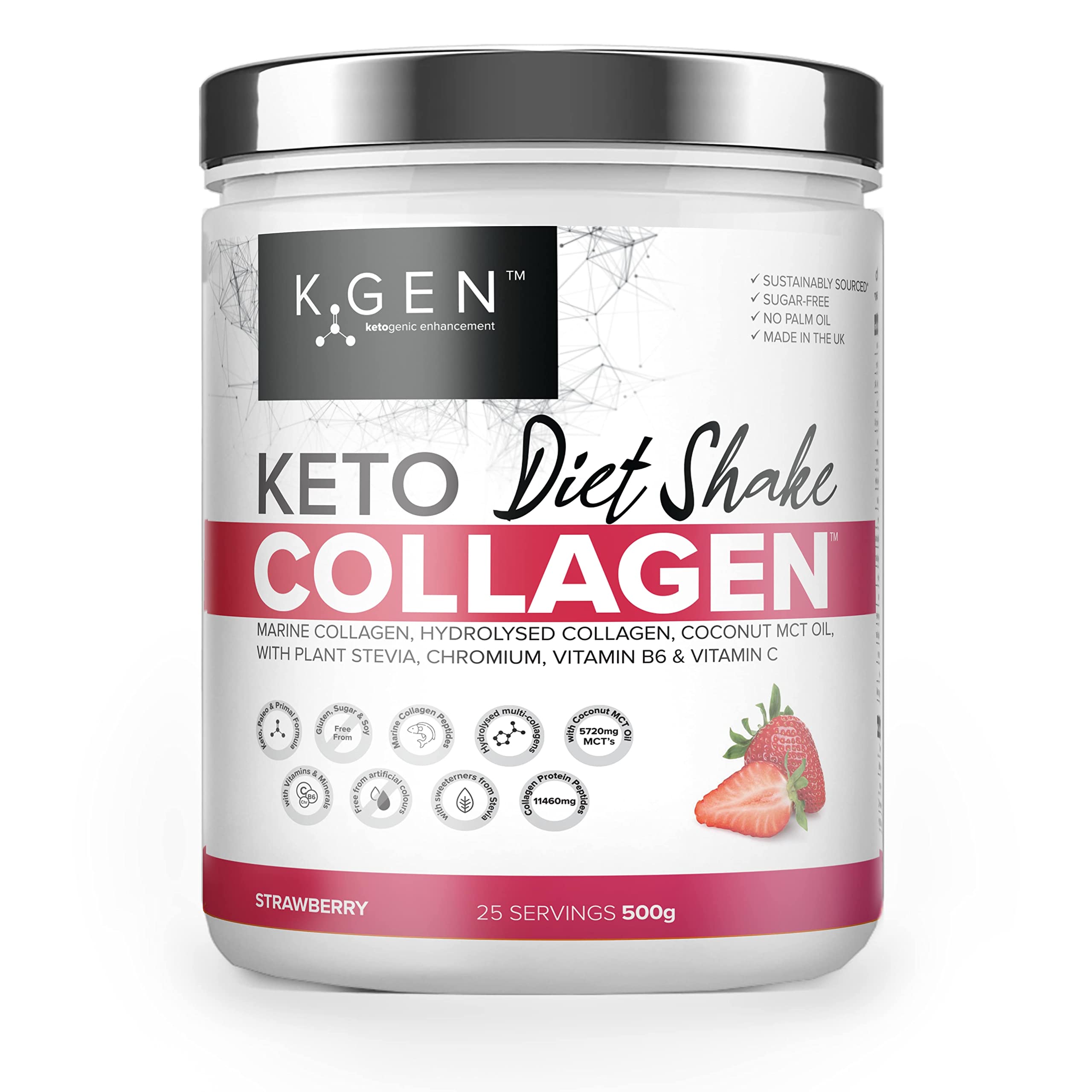 K-GEN Diet Shake Meal Replacement Keto Collagen Powder Blended Multi Collagen Protein with MCT Oil, Vitamin C | Advanced Keto Complete Powder for Meal Replacement Gluten & Sugar Free (Strawberry 500g)