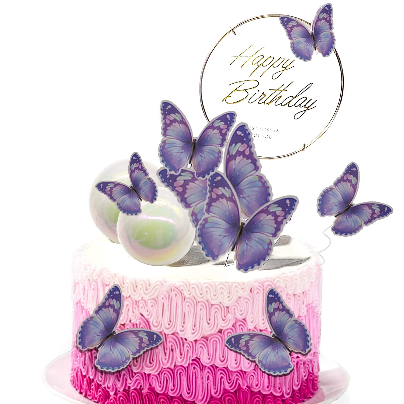 Morofme 13pcs Purple Butterfly Cake Toppers Happy Birthday Cake Topper Butterfly Ball Cake Topper 3D Butterfly Cupcake Topper Purple Butterfly Birthday Cake Decoration