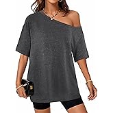 Hilinker Women Off The Shoulder Tops Oversized Vintage Short Sleeve Casual Summer T Shirts
