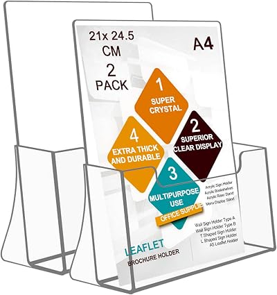 ROSSHINE A4 Leaflet Holder 2 Pack Crystal Clear Acrylic Brochure Holder