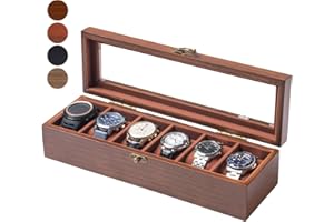 Exper City Watch Box, Watch Case for Men Women with Large Glass Lid, Wooden Watch Display Storage Box with 6 - Slots, Retro Walnut Mens Watch Box Organizer for Valentines Day