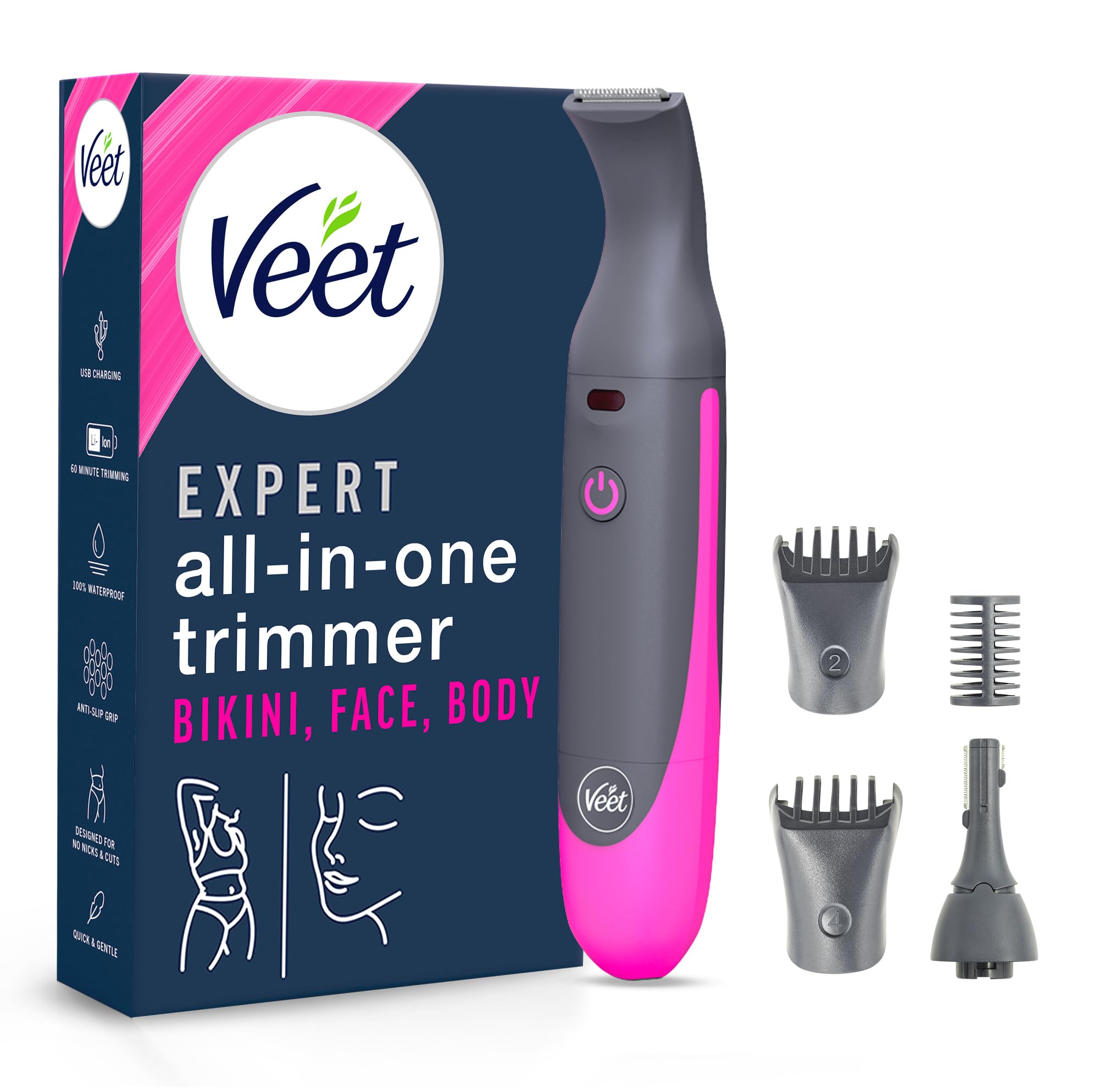 Veet Expert Intimate All-In-One Trimmer - Damen Haartrimmer & Intimrasierer für Gesicht, Augenbrauen, Intimbereich & Achseln - Sanfter Rasierer mit Präzisionsaufsatz für Frauen - Wasserfest