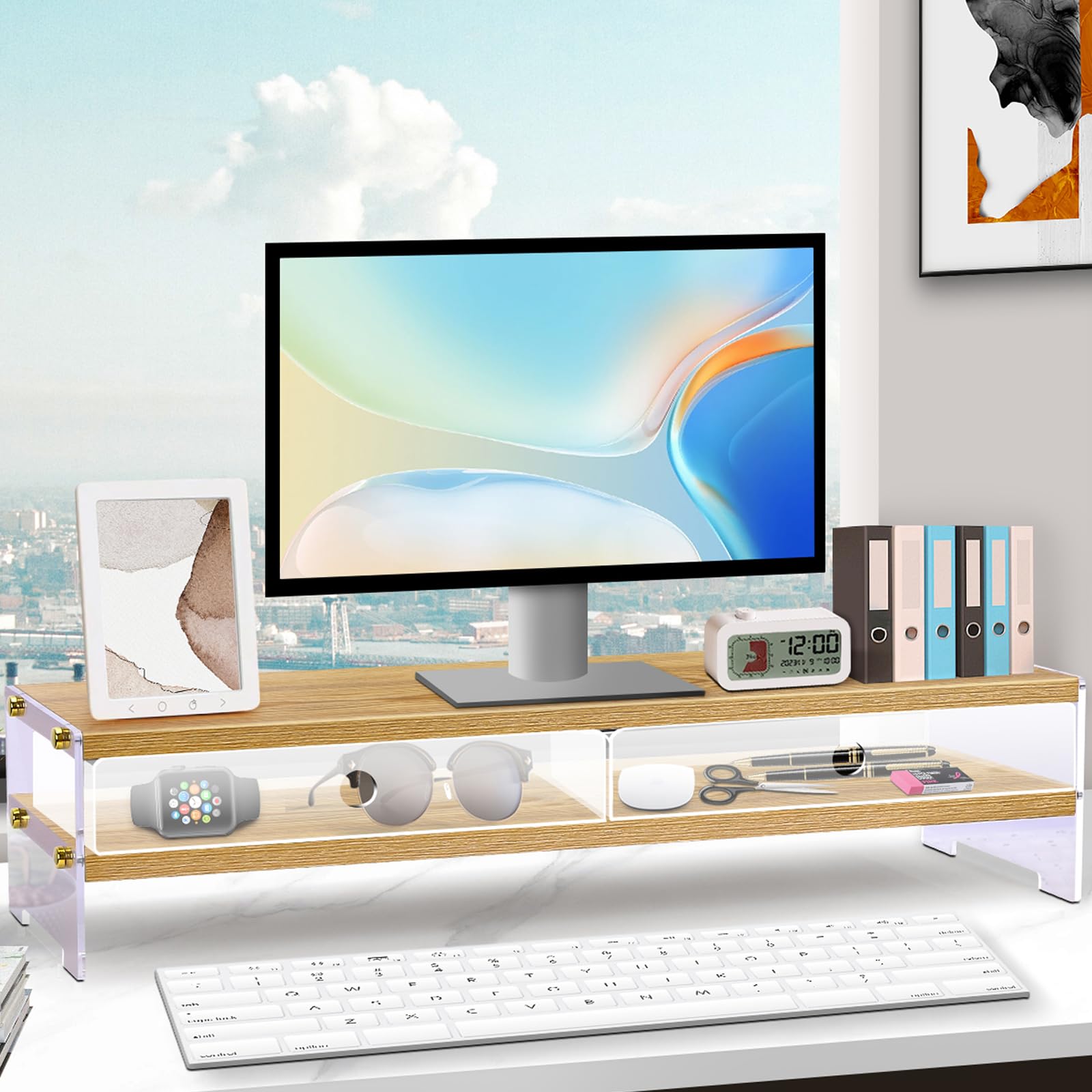 Photo 1 of YGYQZ Monitor Stand Drawer for Desk, 2 Tier Wood Computer Monitor Mount with Two Acrylic Drawers Office Desk Shelf Riser for for Laptop, PC, Printer, Computer (Wood-Flat)