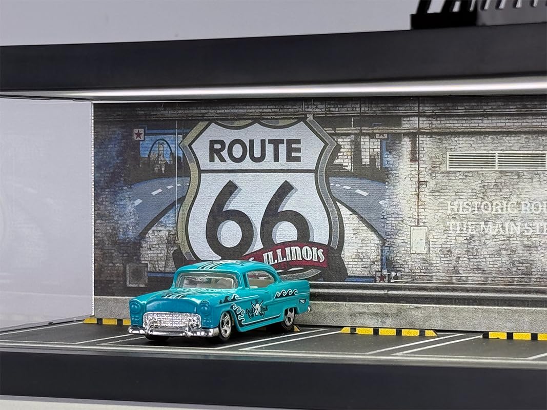 Bivitre 1/64 Model Car Display Case - Compatible with Hot Wheels Matchbox Mini GT Diecast Cars,Acrylic Box for Toy Cars Display Décor and Storage,Stackable Garage Diorama with LED Lights(1T-Rou66)