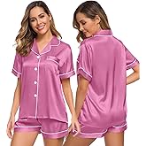 SWOMOG Womens Silk Satin Pajamas Set Short Sleeve Sleepwear Button Down Top and Shorts Loungewear 2 Piece Pjs Set XS-3XL