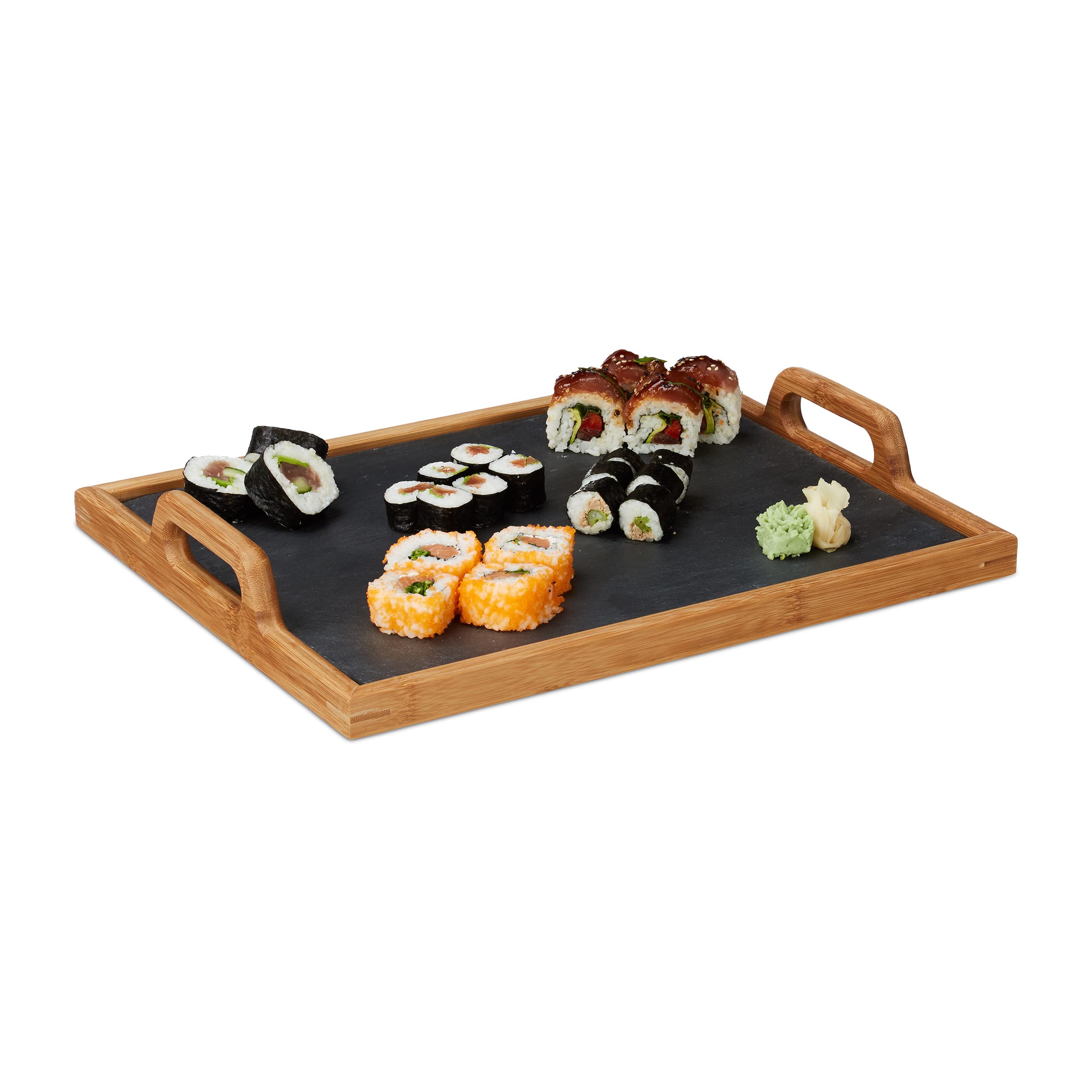 Relaxdays Serving Tray, Slate Board, 2 Handles, Deco Accessory, Kitchen, HxWxD: 6 x 40.5 x 32 cm, Natural Brown