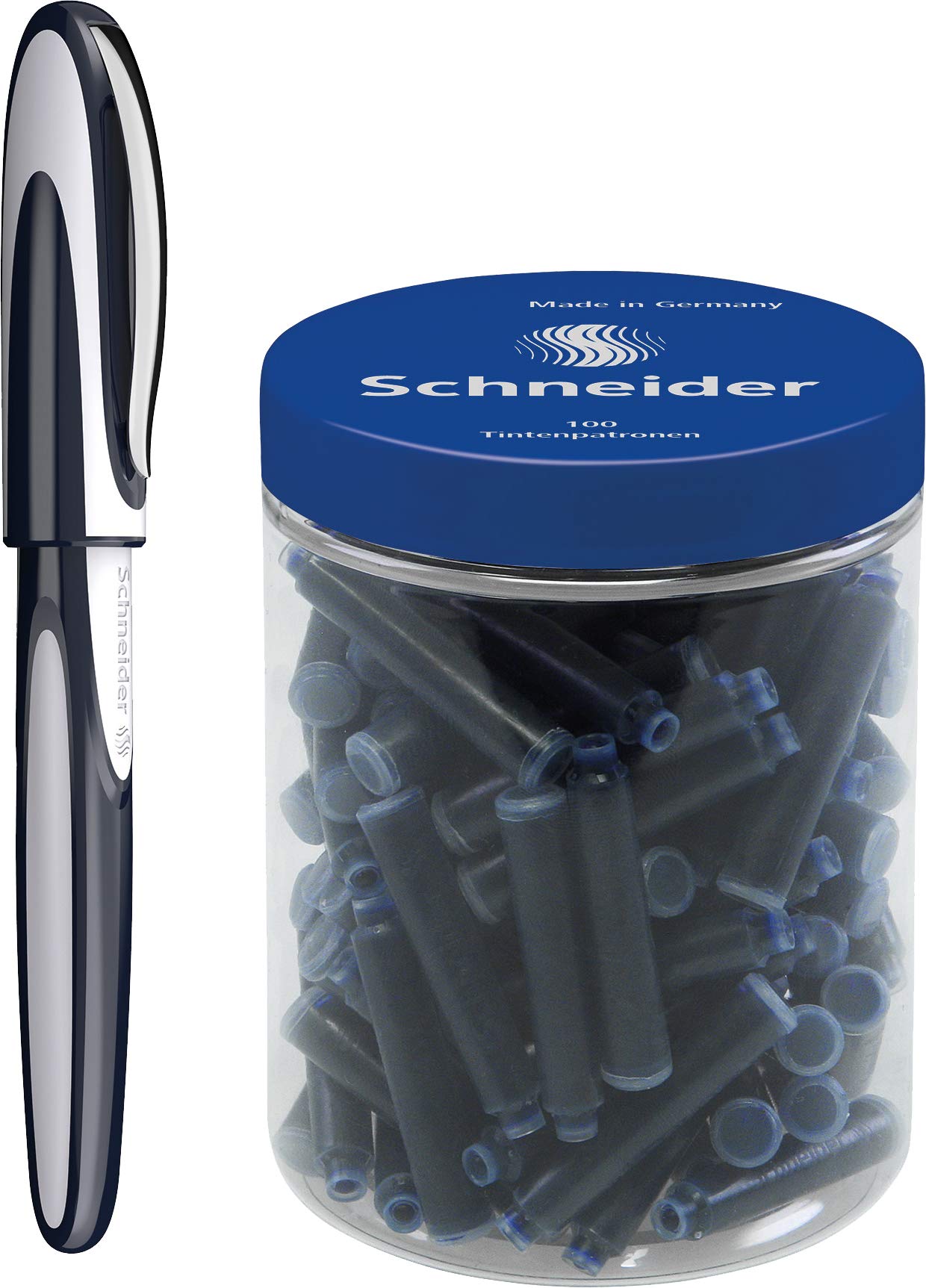 Schneider Ray Rollerball Pen 1 Piece (Refillable with Standard Ink Cartridges, Suitable for Left and Right Handers) Dark Blue/Light Grey + 100 Standard Blue Cartridges Erasable