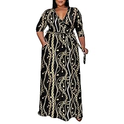 Runwind Plus Size wrap Dress Sexy 3/4 Sleeve V Neck