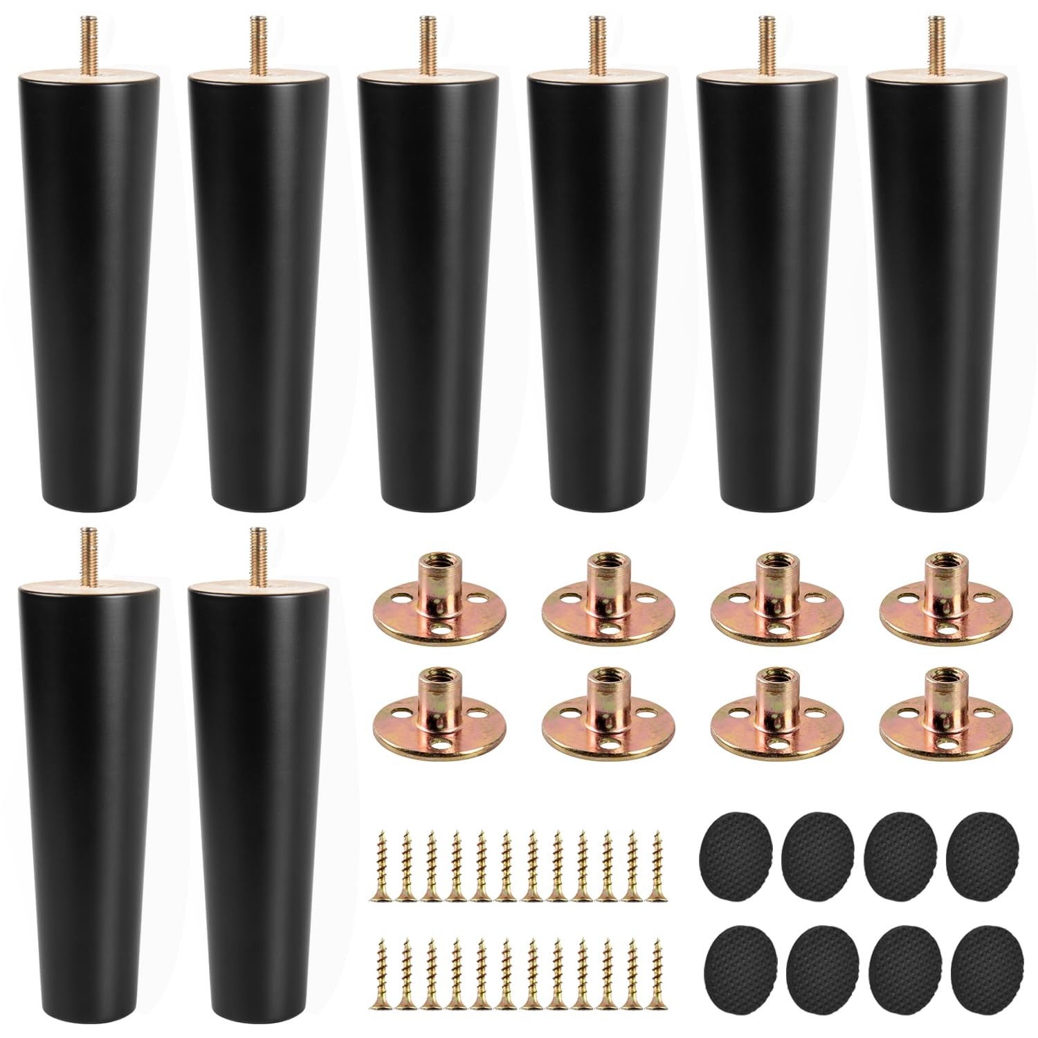Photo 1 of TCHOSUZ 6 Inch Round Solid Wood Furniture Legs (Set of 8) Replacement Legs for Couch, Chair, Cabinet, Dresser, Vanity, Home DIY – Wooden Feet with 5/16" Threaded Hanger Bolts (15 cm Height) - Black