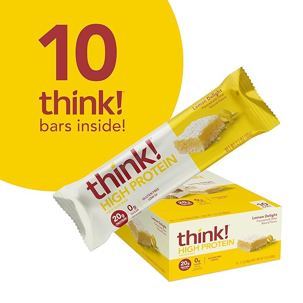 THINK! PROTEIN BARS, HIGH PROTEIN SNACKS, GLUTEN FREE, KOSHER FRIENDLY, LEMON DELIGHT, NUTRITION BARS, 2.1 OZ PER BAR, 10 COUNT (PACKAGING MAY VARY)