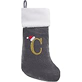 EHJYO 20 Inches Monogram Christmas Stockings with Letters Large Super Soft Christmas Stockings, Grey Velvet with White Plush Cuff Embroidered Xmas Stocking for Christmas Family Decor Letter C