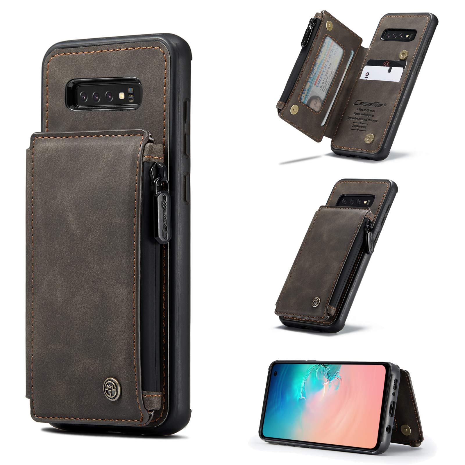UFinetech 2-in-1 Stylish Samsung Galaxy S10 Case Wallet TPU Leather Flip Stand Designer Magnetic Luxury Card Holder Waterproof Zipper RFID Blocking Purse Holster Cover for Samsung Galaxy S10 Women Men