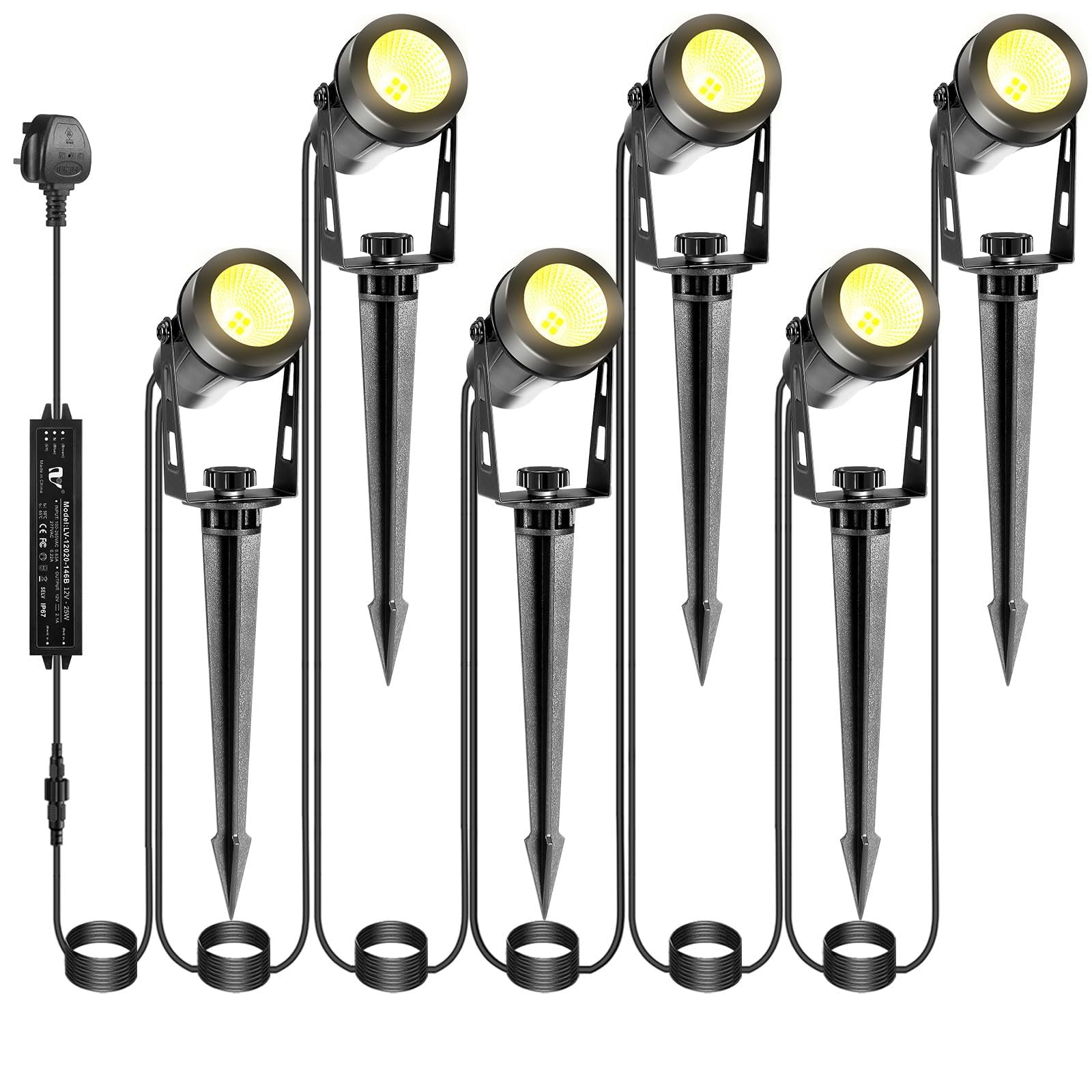 IRISECO 6-1 Garden Spotlights Mains Powered, 21M Outdoor Spot Lights with Adapter, 12V Low Voltage LED Garden Lighting, IP65 Waterproof Spike Lights, Landscape Spotlights for Yard Patio (3000K)