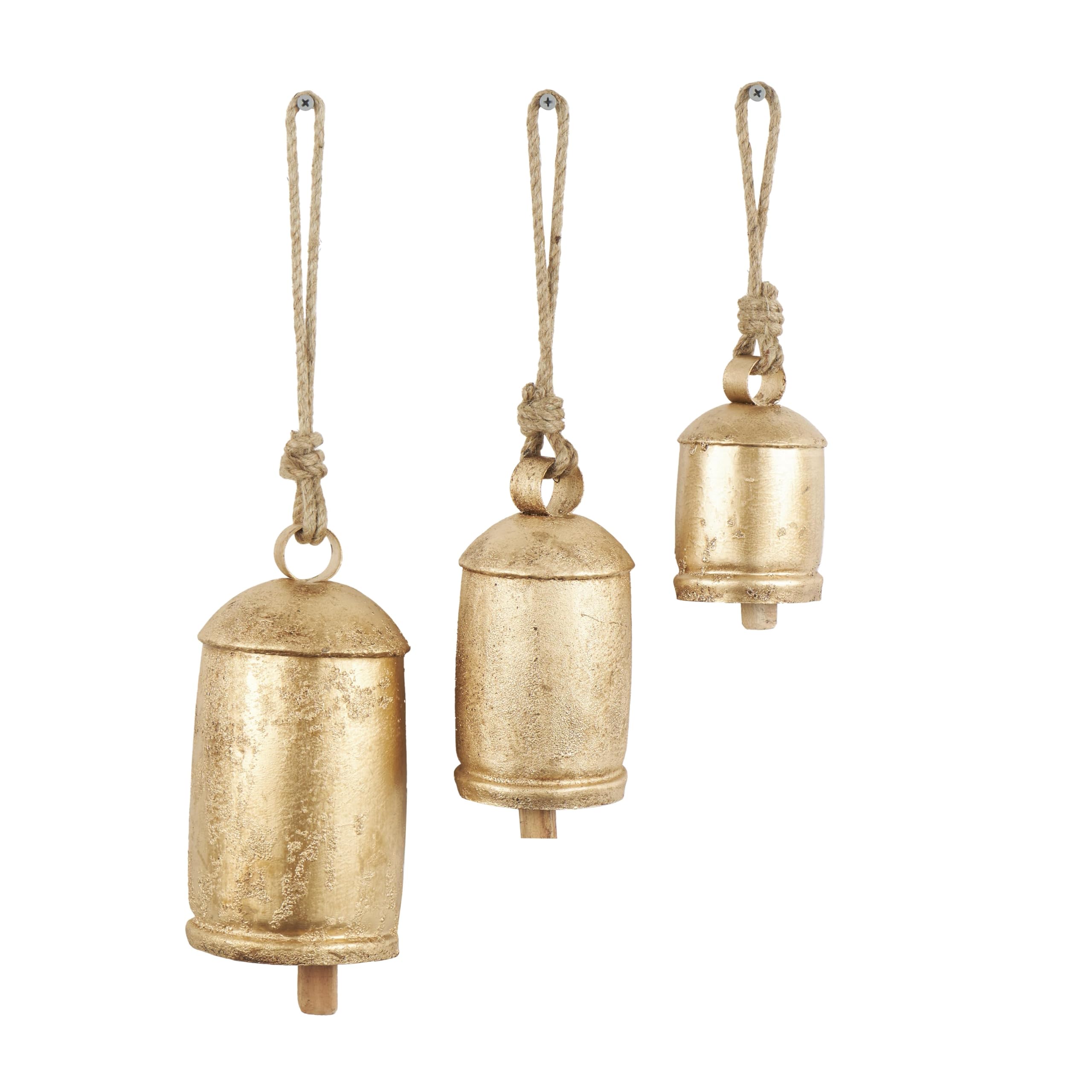 Deco 79 Metal Tibetan Inspired Decorative Cow Bells with Jute Hanging Rope, Set of 3 10 Inch,8 Inch,6 InchH, Gold