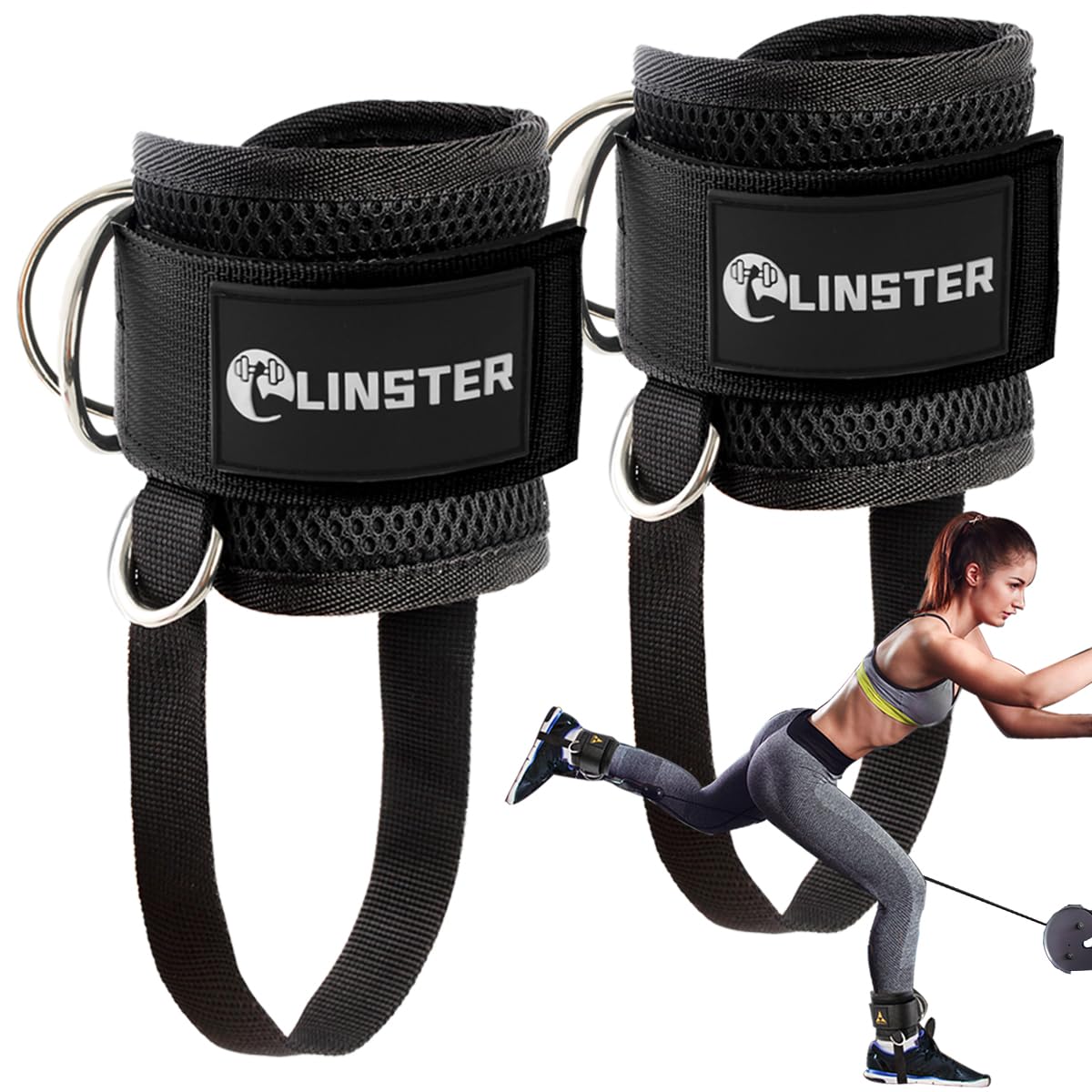 LINSTER Ankle Strap for Cable Machine,Adjustable Comfort fit Neoprene and Reinforce 4 D-Rings,Upgraded Ankle Cuffs Gym Cable Attachment for Glute Kickbacks & Lower Body Exercises fit Women & Men