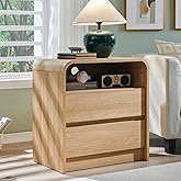 Aitjunz 25" Tall Modern Nightstand with Charging Station, 23.6'' Wide Wood Bedside Table w/2 Storage Drawers, Large Mid Century End Table for Bedroom, Living Room, Curved Profile Design,Natural Oak