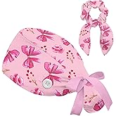 Scrub Caps Women Nursing Hats with Button, Adjustable Working Cap with Ponytail Pouch Scrunchy and Ribbon Tie for Women