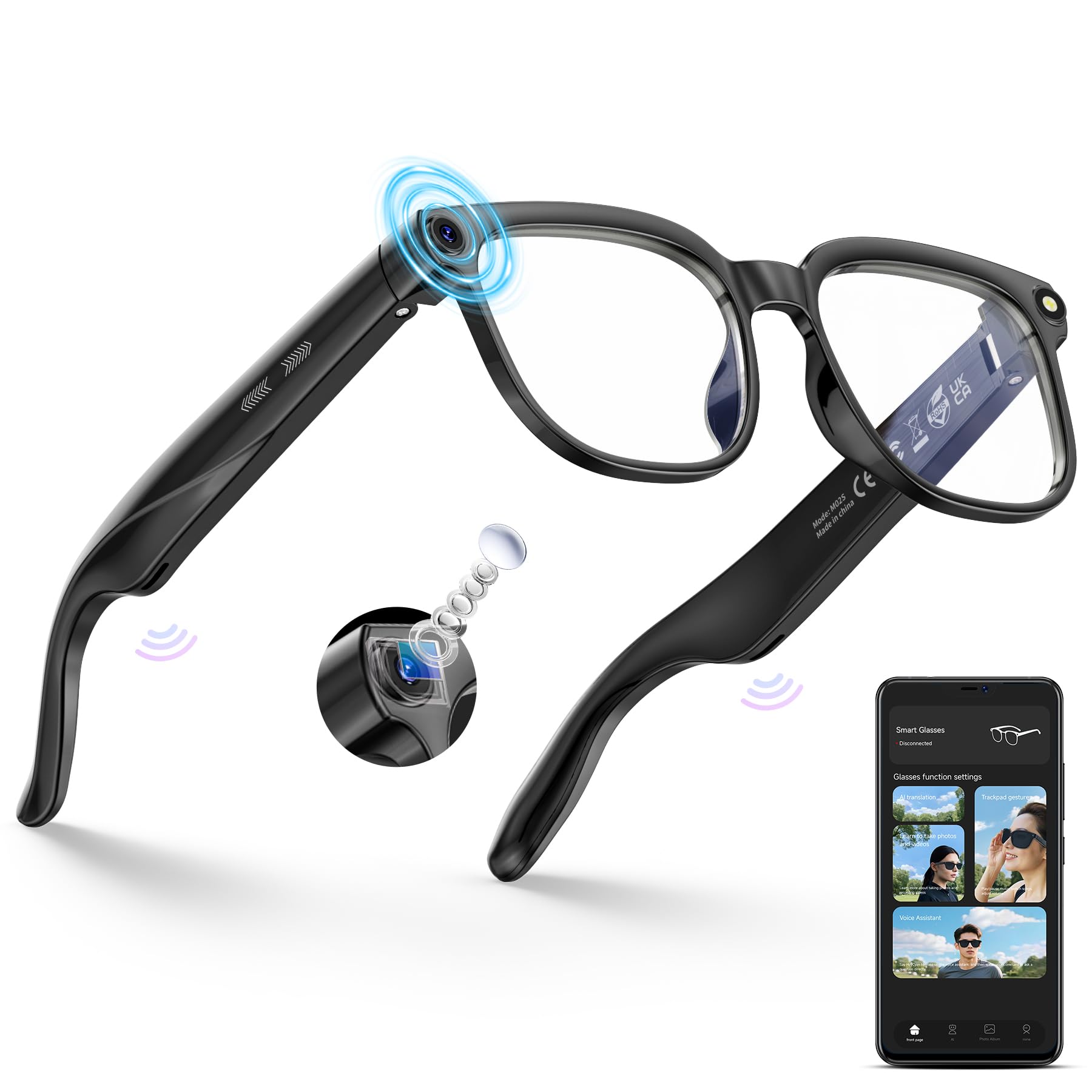 Photo 1 of Smart Glasses with Camera and Bluetooth, 800W HD Anti-Shake Camera Glasses, 1080P Video Recording, Audio, Translation, GPT Assistant, 290 mAh, AI Glasses for Men Women with Meetings & Vlogging