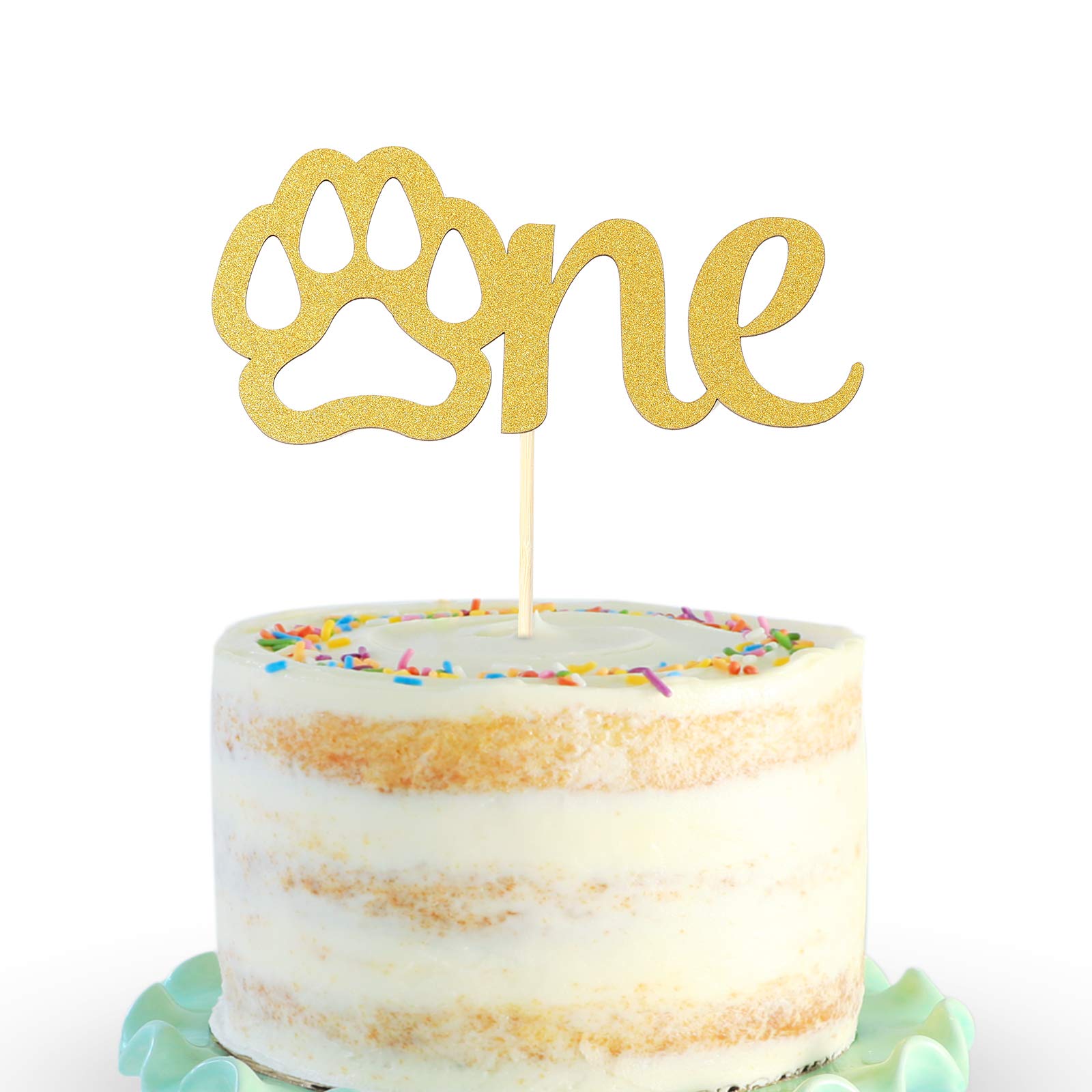 Gold Paw One Cake Topper - Golden Glitter Cardstock 1st Birthday Cake Smash Party Decoration for Baby, Single Sided Dog Paw Birthday Cake Sign