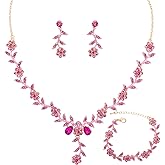 Enrwin Flower Leaf Crystal Pendant Necklace Dangle Earrings Link Bracelet Bride Bridesmaid Jewelry Sets for Women Wedding Party