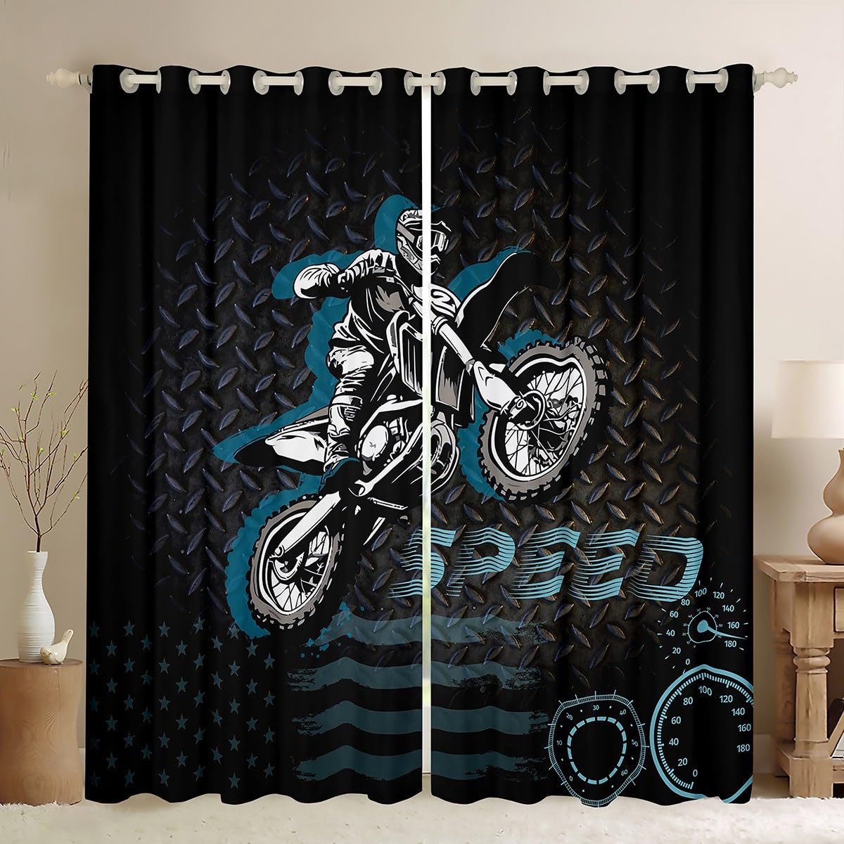 Manfei Motorbike Blackout Curtain Speeding Motorcycle Rider Window Drapes for Kids Boy Room Decor, Extreme Sports Theme Window Treatments Grommet Top 2 Panel Set Bedroom Curtains, 46Wx72L inch