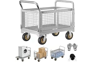 xixi-home Platform Truck with Cage and Brake Heavy Duty Flatbed Cart 4-in-1 Foldable Hand Truck Load 660LB Multi-Functional F
