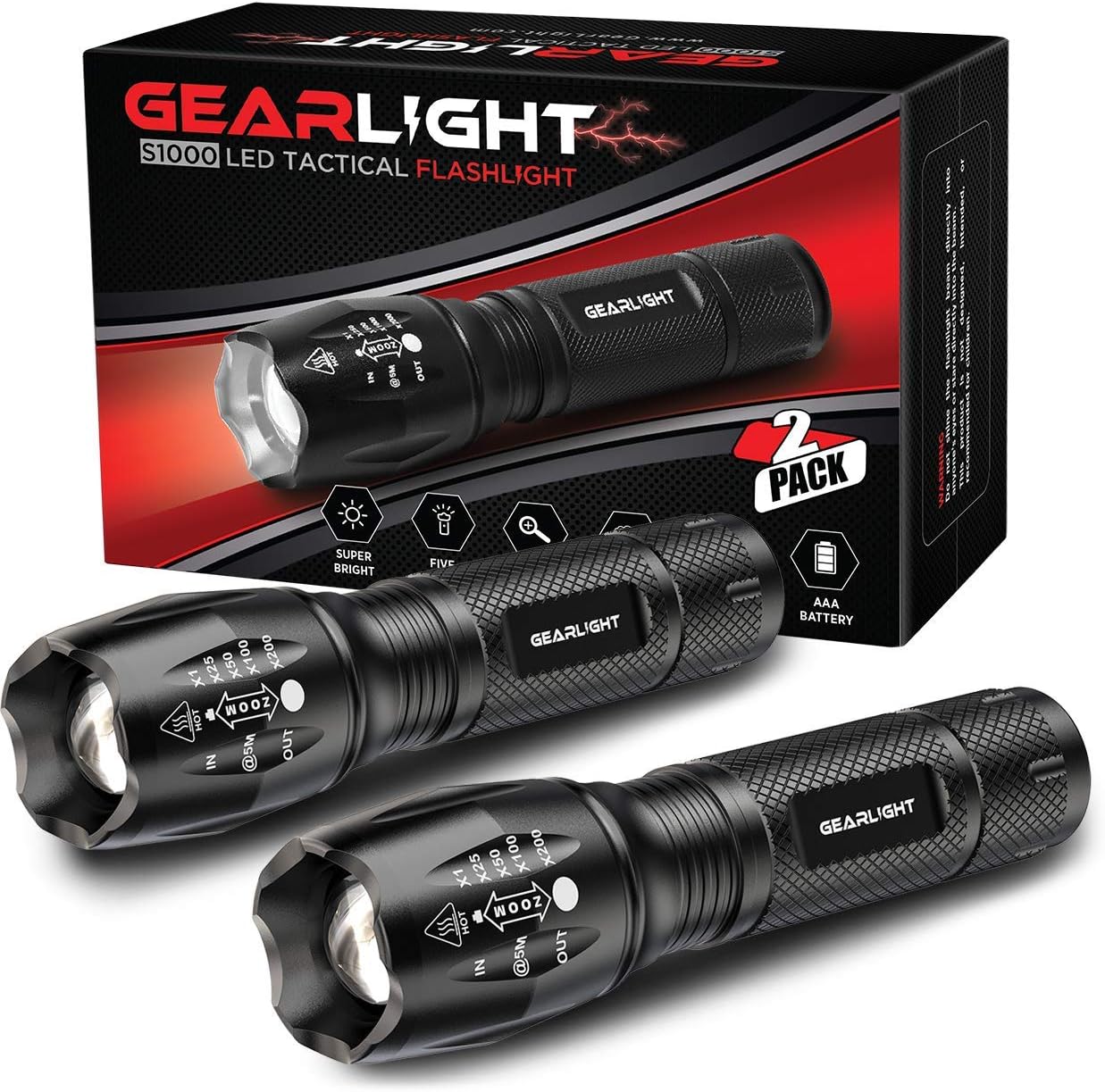 GearLight S1000 LED Tactical Flashlight with Holster [2 Pack] + GearLight S500 LED Headlamp [2 Pack] Bundle - - 